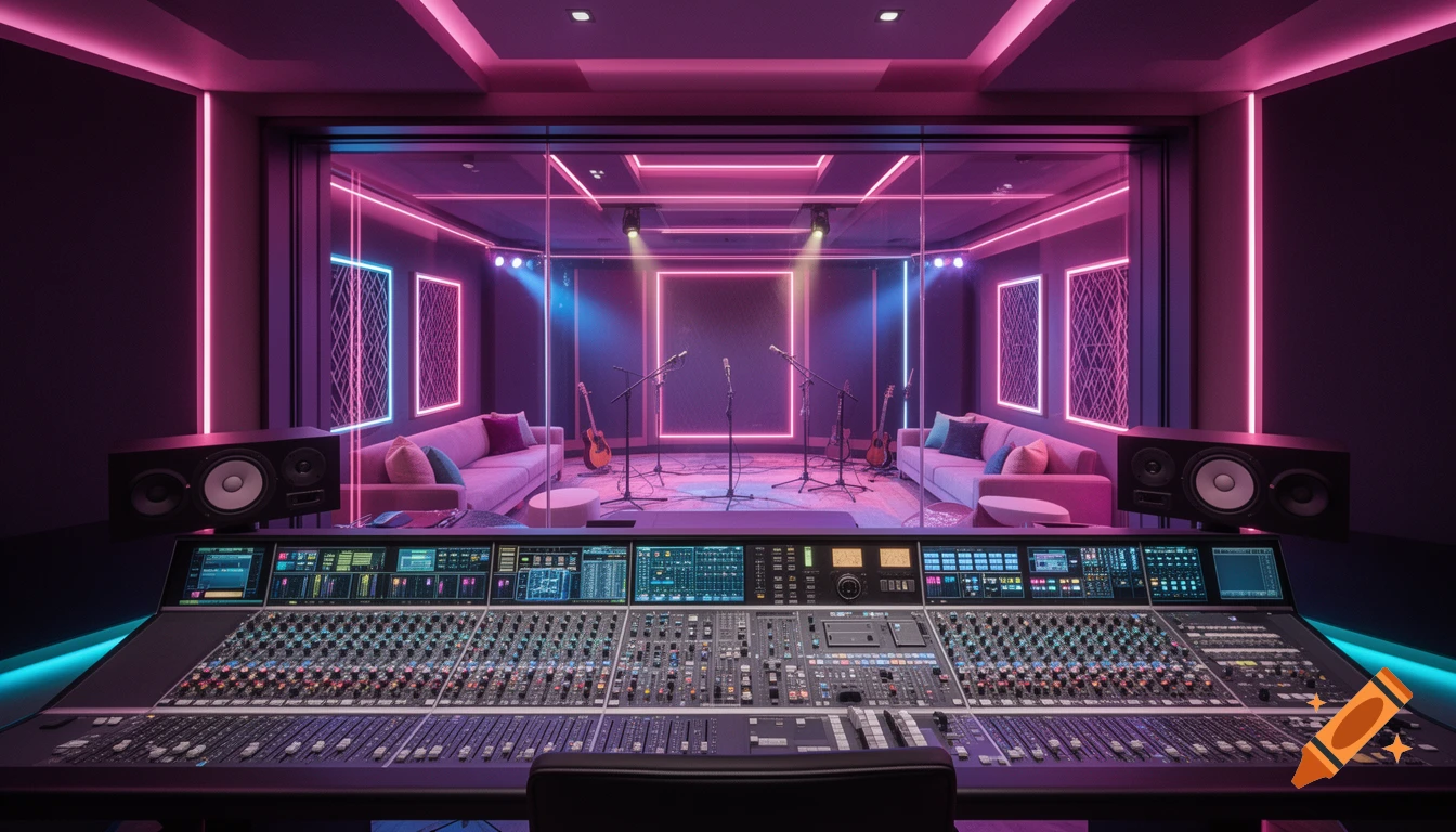 A futuristic recording studio with a mixing console in the foreground and a live room behind glass, illuminated by neon pink and cyan lights.