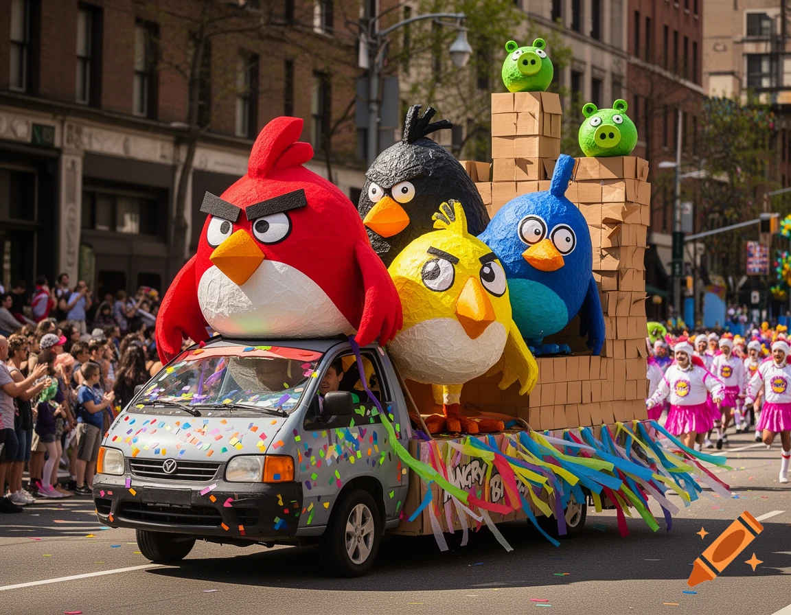 A parade float designed as a truck carrying large, angry bird characters made from craft materials, decorated with colorful confetti and streamers, driving past a crowd on a city street.