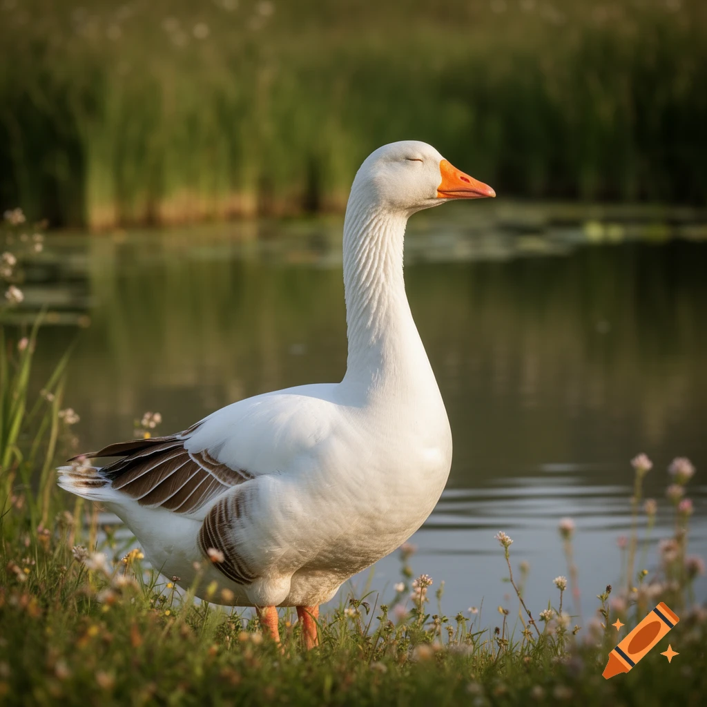 A serene white goose with closed eyes stands by a pond, surrounded by green grass and small wildflowers in a photorealistic style.