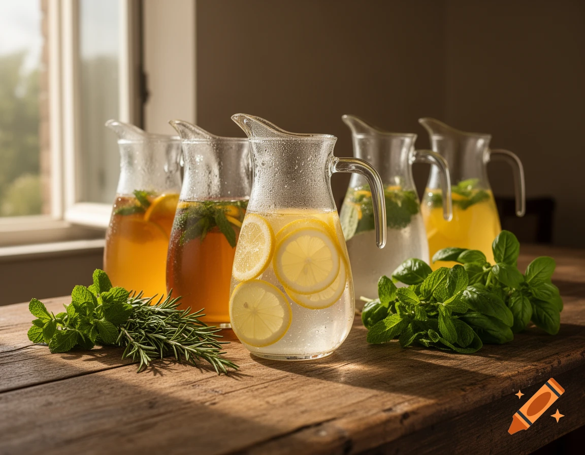 Five glass pitchers with lemonade, iced tea, and water, surrounded by fresh mint, basil, and rosemary on a rustic wooden table.