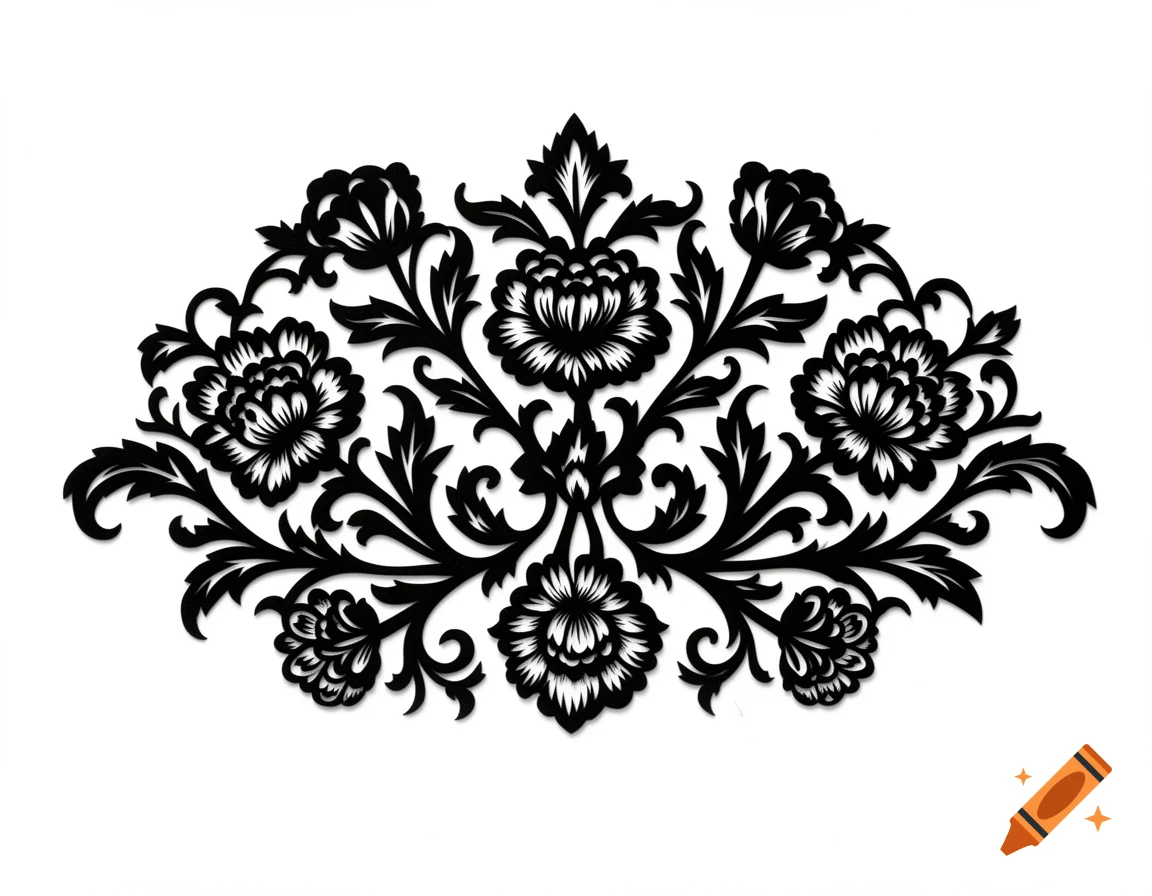 A black and white paper cut style floral ornament, symmetrical with various stylized flowers and swirling leaves.