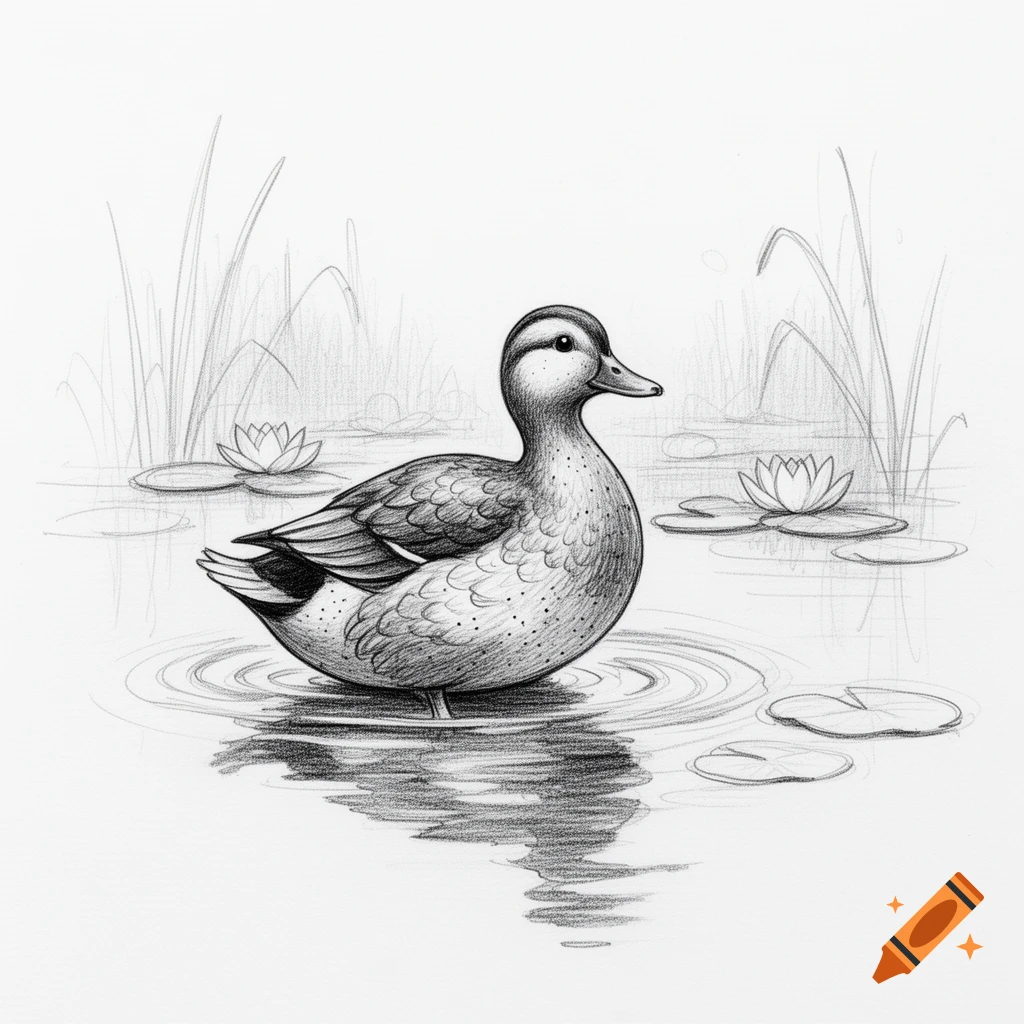 A black and white pencil sketch of a duck standing in water with lily pads and tall grasses.