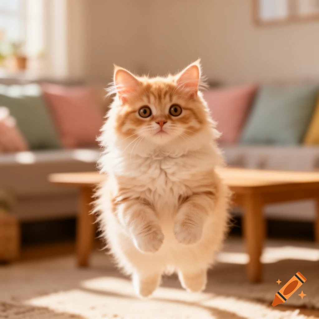 A fluffy orange and white kitten appears to float or jump in a warm, sunlit living room.