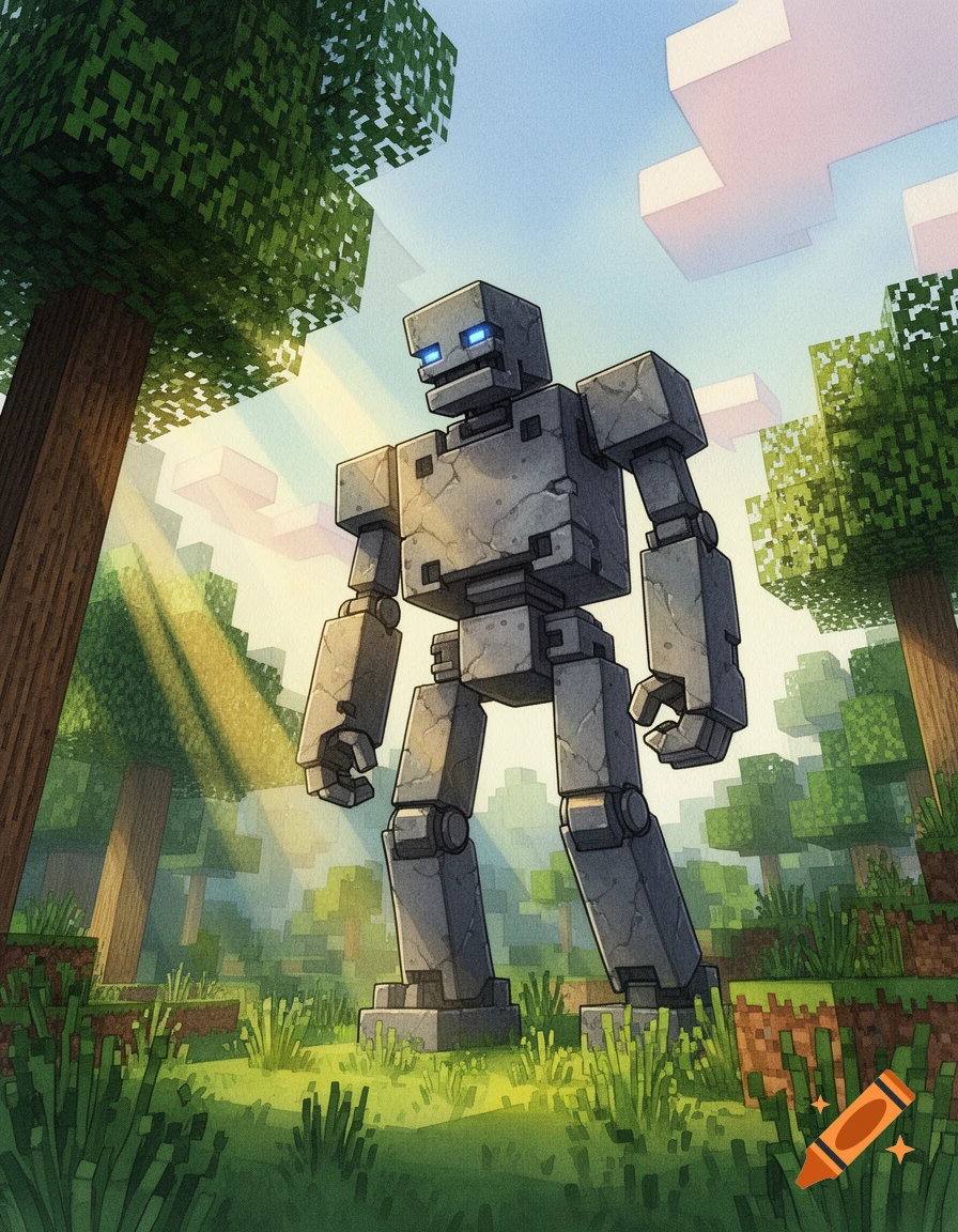 A drawn Iron Golem stands in a vibrant Minecraft forest with sun rays filtering through blocky trees.