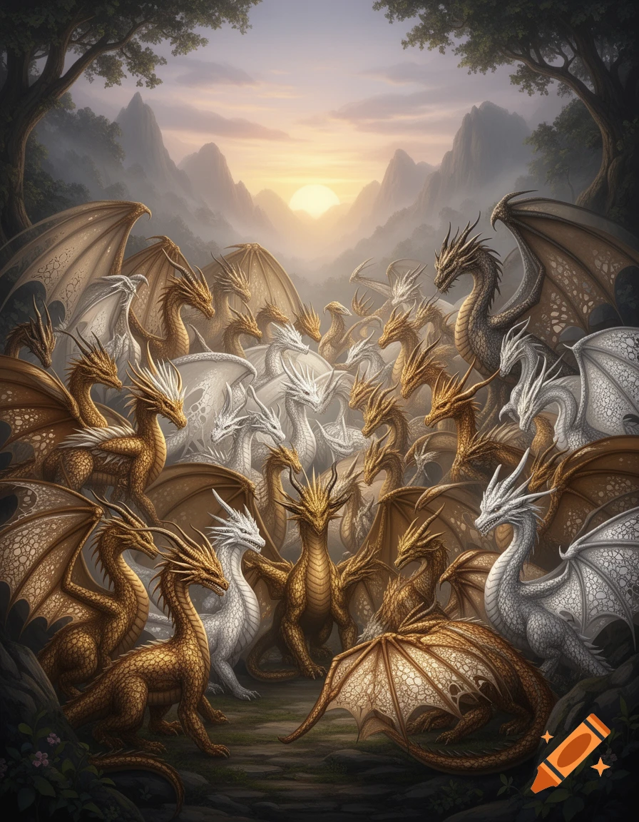 A multitude of golden, white, bronze, and silver dragons gathered in a mystical forest clearing at sunset with mountains in the background.