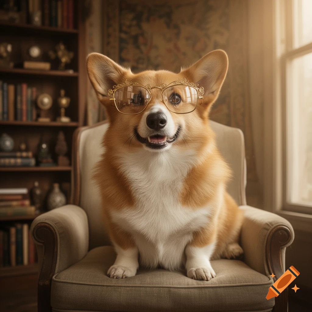 A photorealistic corgi with ornate glasses sits smiling in a cozy armchair within a well-lit library.