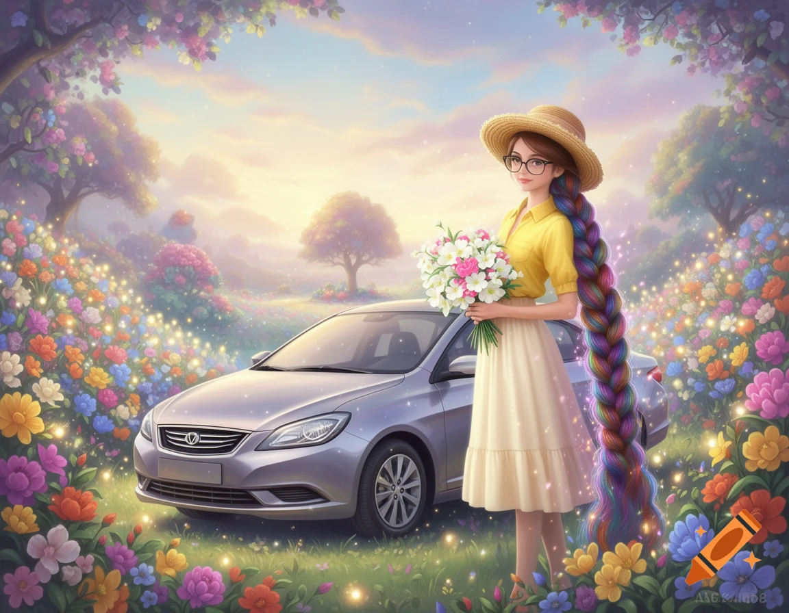 Cartoon fantasy illustration of a woman with long rainbow braided hair, hat, and glasses, holding flowers next to a silver sedan in a magical, colorful flower-filled landscape.