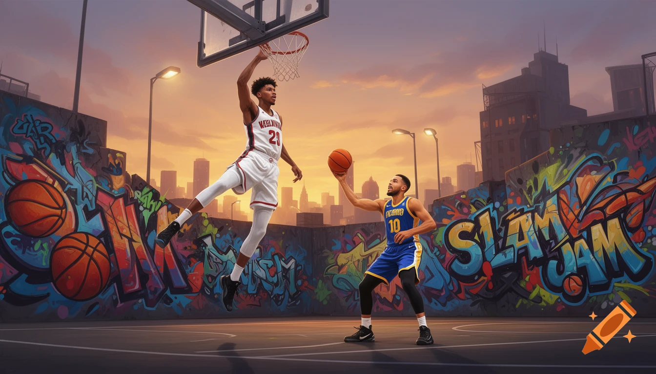 Two basketball players, one dunking and one holding a ball, on a court with vibrant graffiti art and a city skyline at sunset.