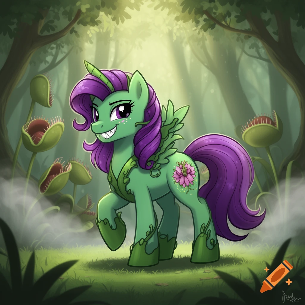 A green unicorn pony with purple mane, sharp teeth, leaf details, and a flower cutie mark stands in a misty cartoon forest with Venus flytraps.