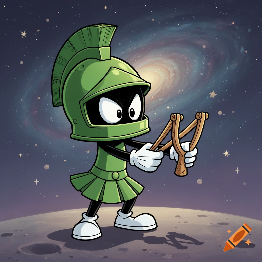 Marvin Martian in a green helmet and skirt stands on a moon, holding a slingshot, with a galaxy in the background.