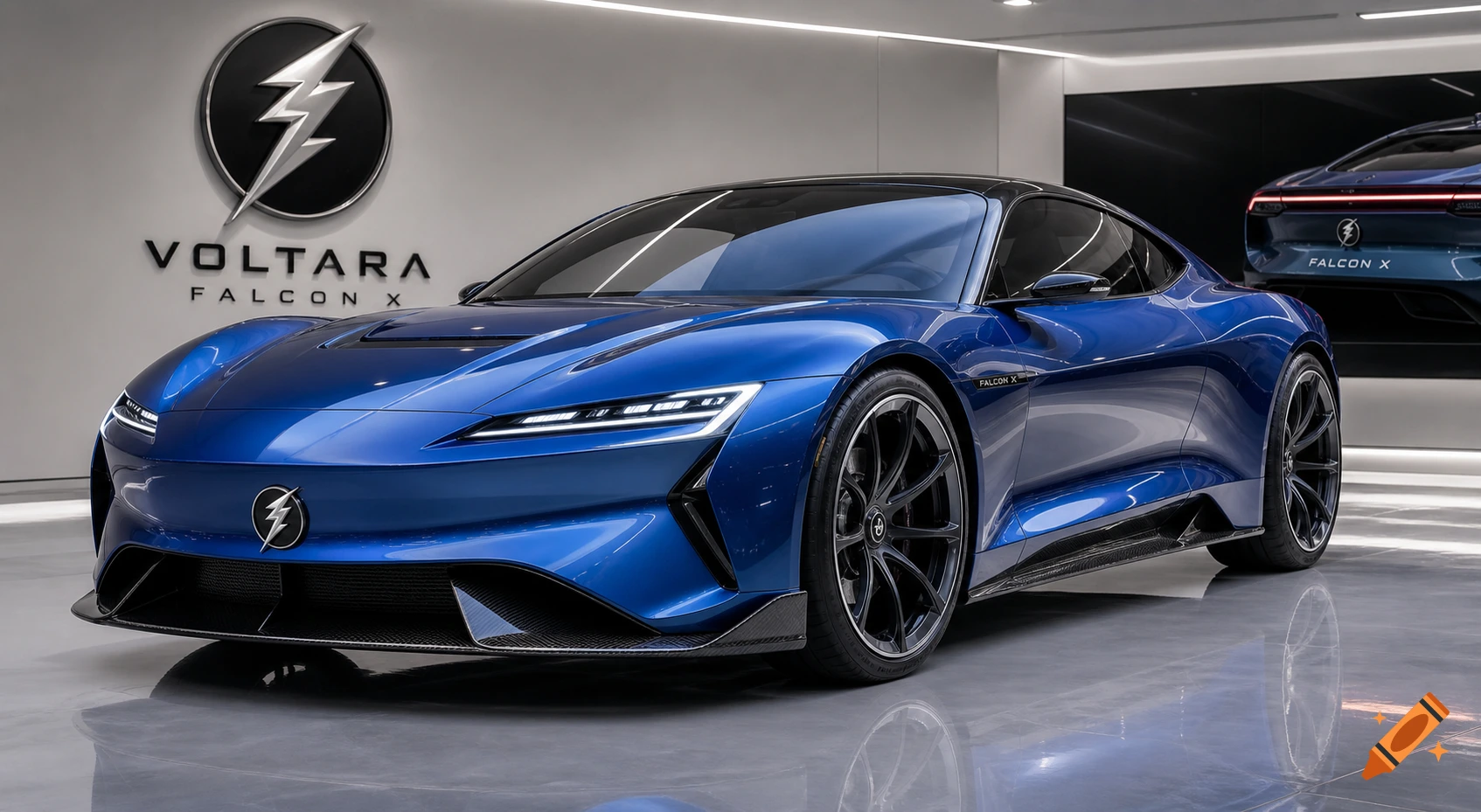 A sleek blue electric sports car, the Voltara Falcon X, is displayed in a minimalist modern showroom.