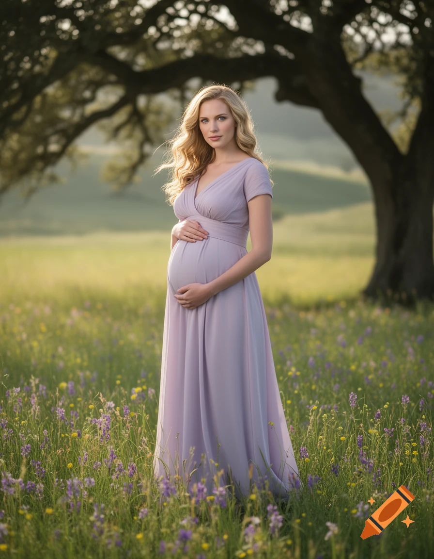 A pregnant woman in a lavender dress stands in a sunlit field of wildflowers, holding her belly, with a large tree in the background.