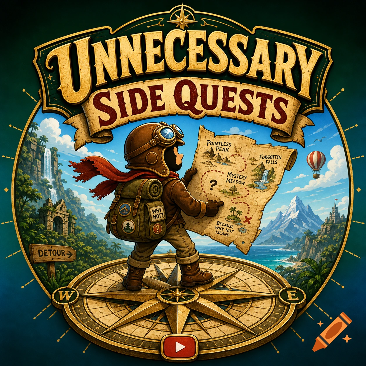 A stylized adventure logo featuring a small explorer with a map, surrounded by mountains and waterfalls, titled "UNNECESSARY SIDE QUESTS".