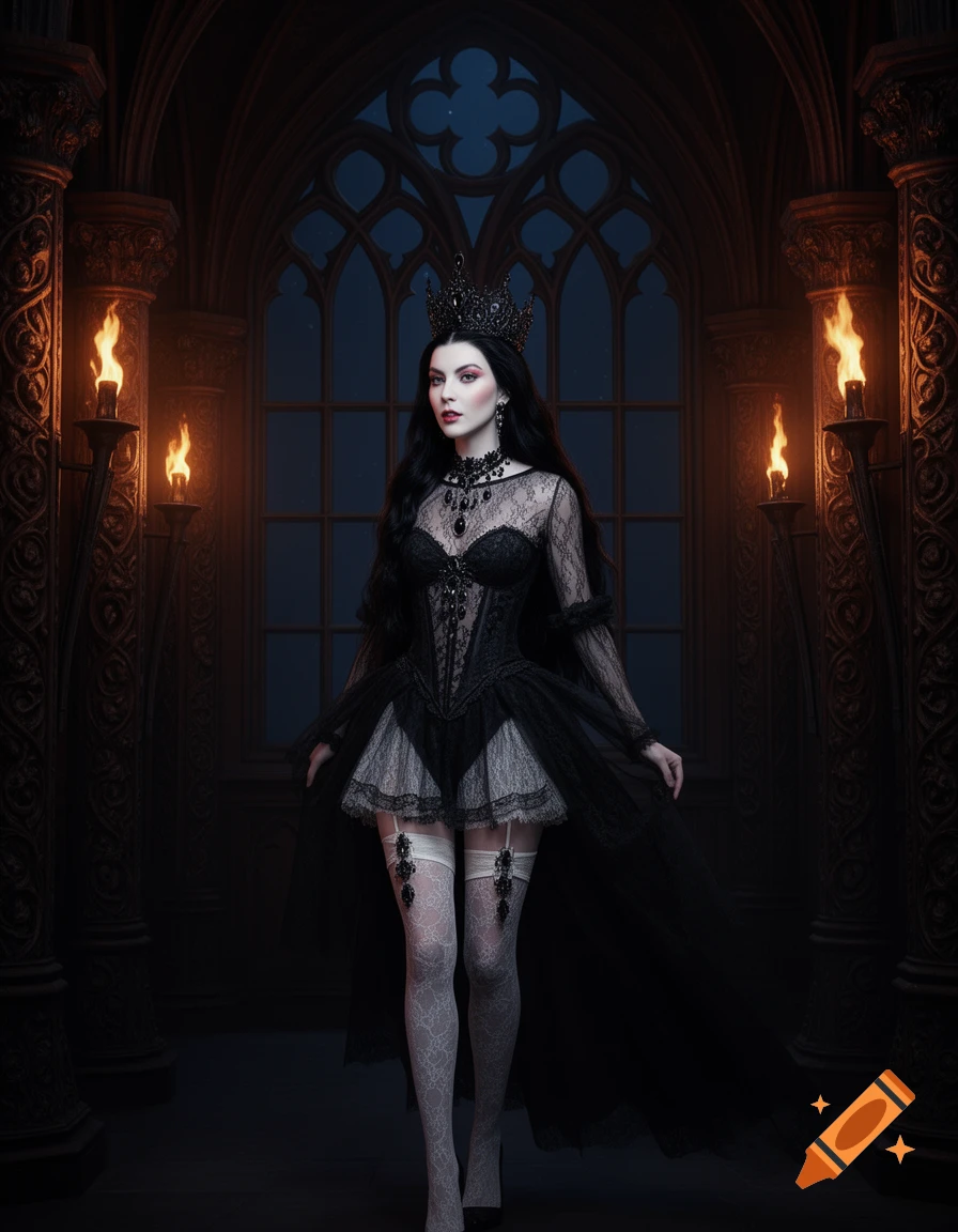 An elegant vampire queen in a black lace gown, white stockings, and crown stands in a dark gothic hall with arched windows and torches.