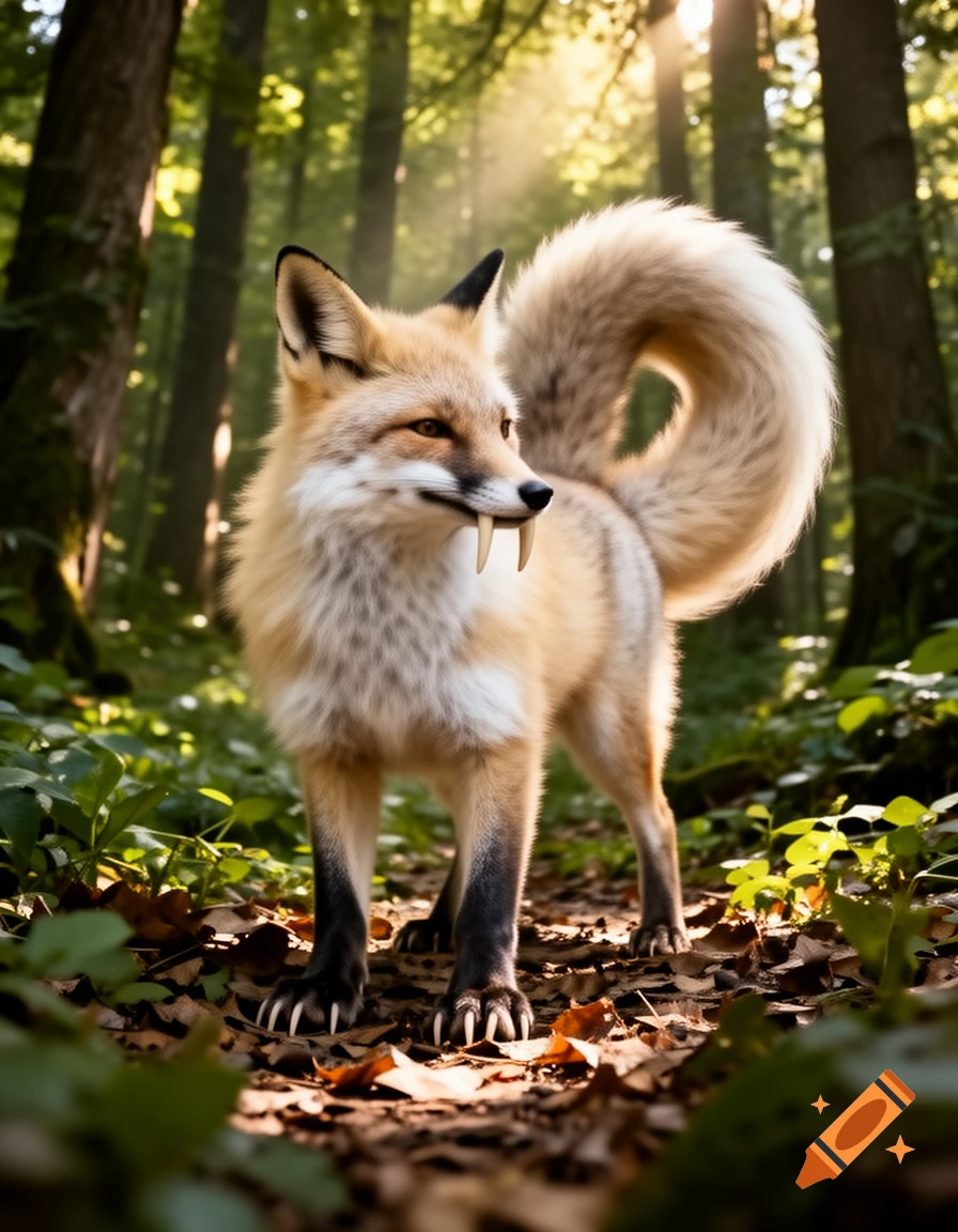 A fantasy fox with prominent tusks and claws stands in a sun-dappled forest.