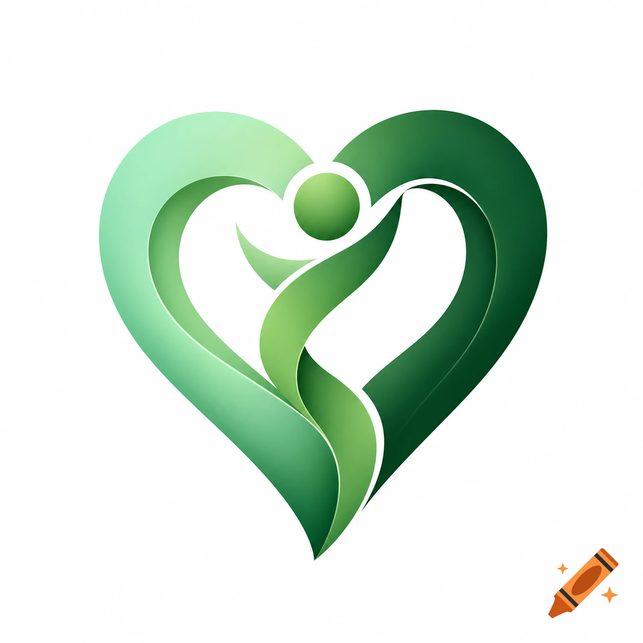 Abstract company logo with a green heart embracing a stylized figure, rendered in shades of green.