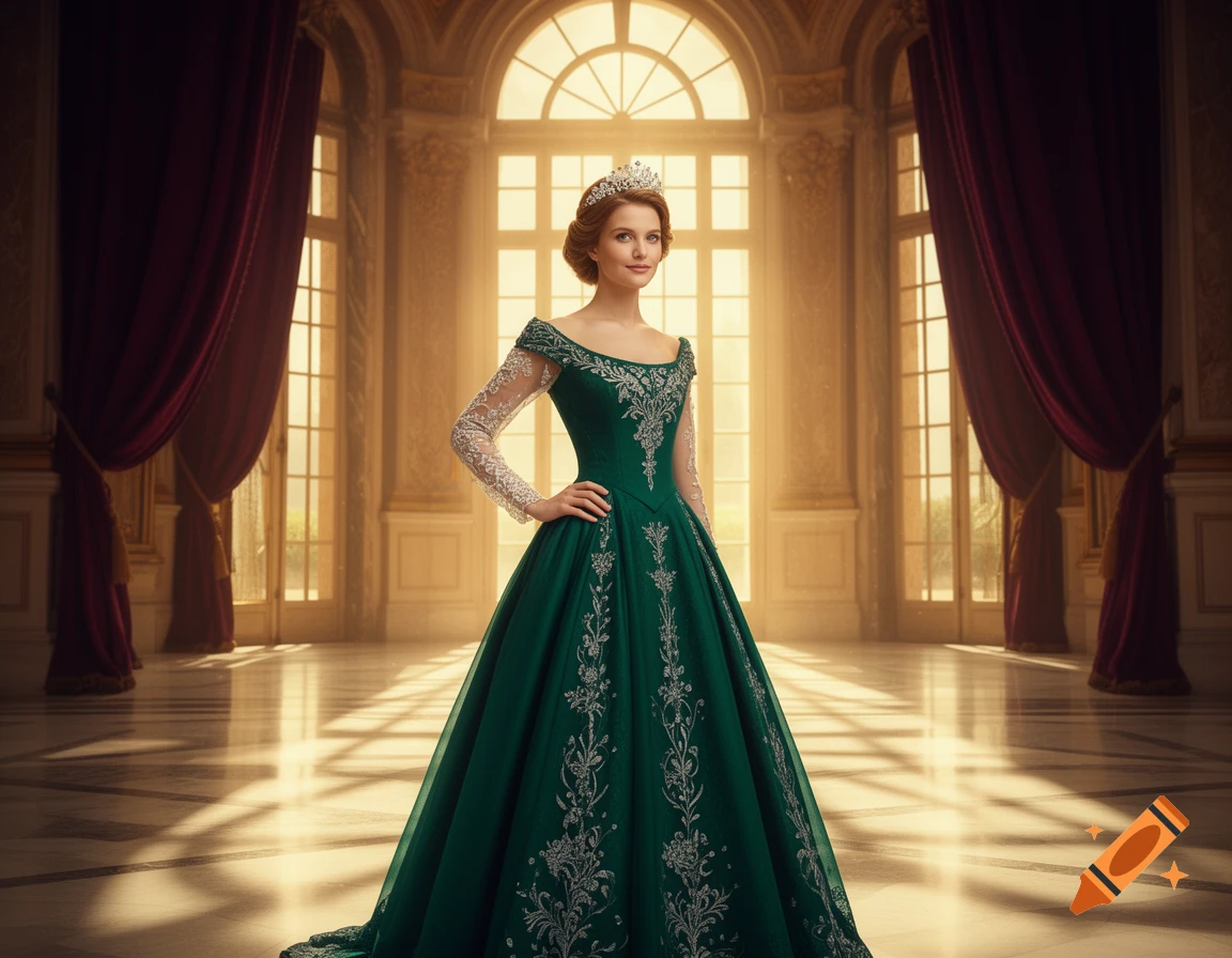 A young woman in a green ball gown and tiara stands in a sunlit, opulent grand hall.
