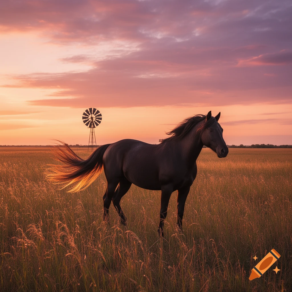 A dark horse stands in a golden field during sunset, with a windmill in the background under a vibrant sky.