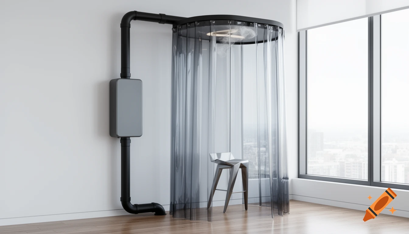 Modern indoor smoking cabin with a grey filtration box, black pipes, and a transparent grey curtain, next to a window in a minimalist apartment.