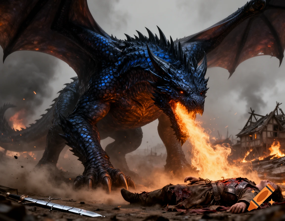 A giant blue-scaled dragon with glowing red eyes breathes fire over a fallen warrior, amidst a smoky, burning village under a cloudy sky.