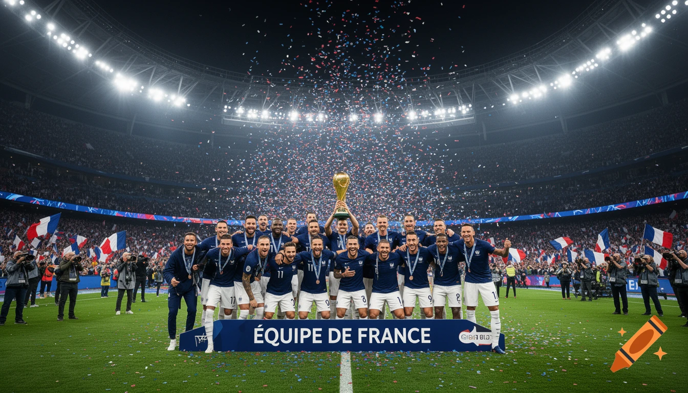 A French national soccer team celebrates their World Cup victory in a stadium with confetti falling, holding a gold trophy.