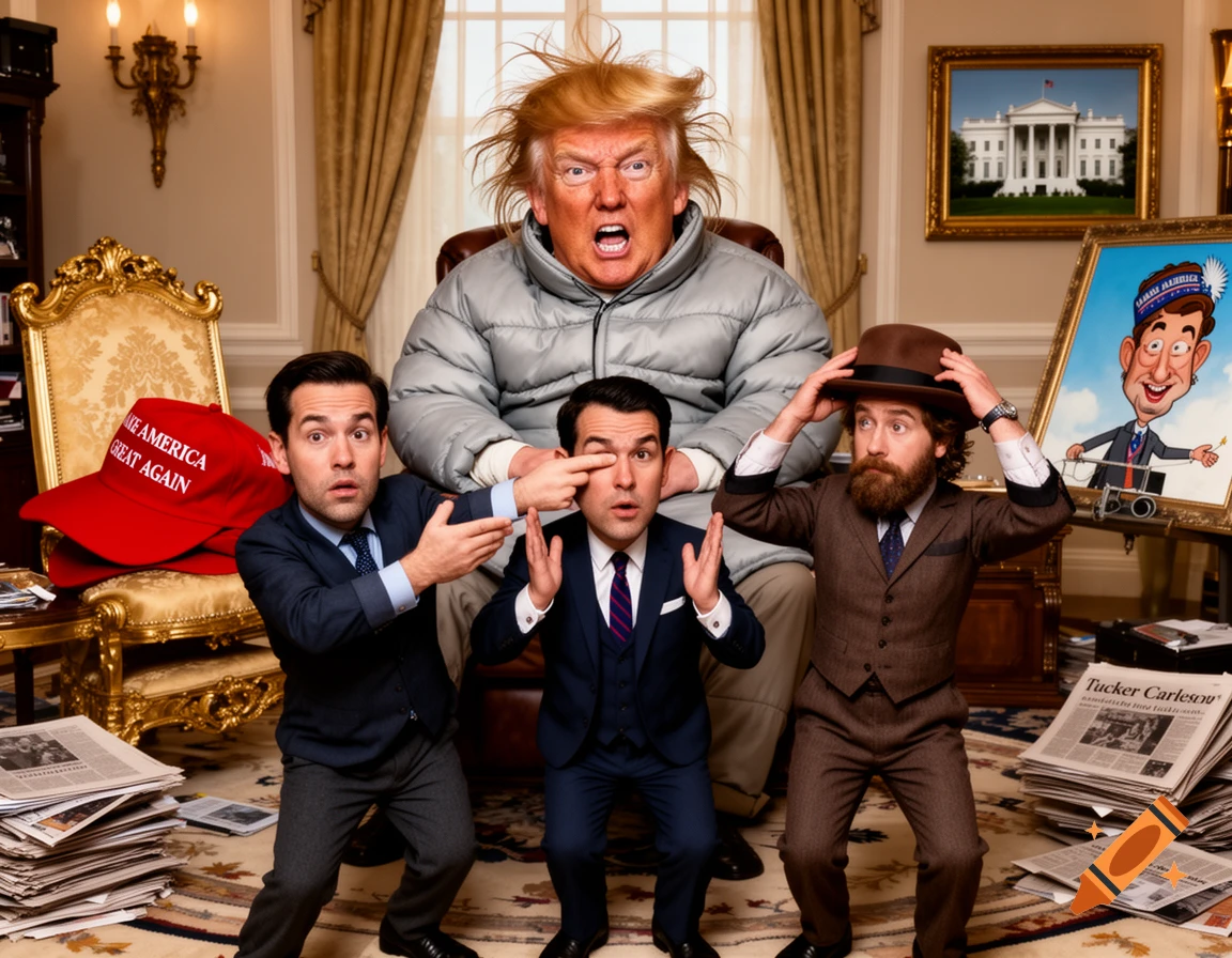 Exaggerated Donald Trump in a padded jacket with three smaller men resembling politicians making comical faces in a satirical indoor scene.