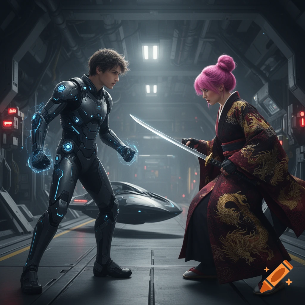 A futuristic scientist in a glowing battle suit faces off against a pink-haired female samurai with a katana inside a spaceship.