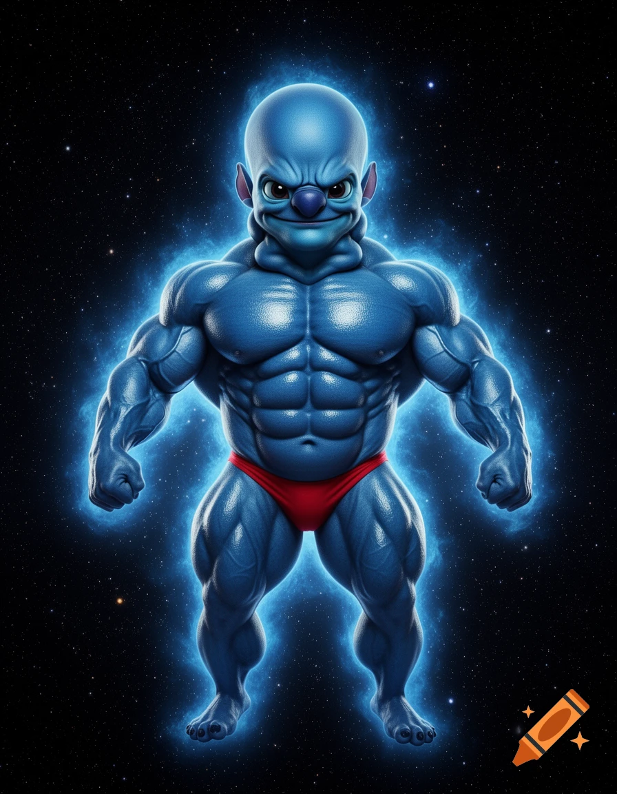 Muscular blue alien with a large head and a red posing thong, floating in space with a glowing blue aura.