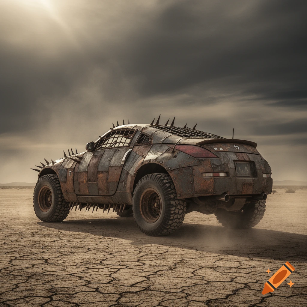 A heavily customized, rusted, spike-covered car resembling a Nissan 350Z, driving across a cracked desert landscape under a cloudy sky.