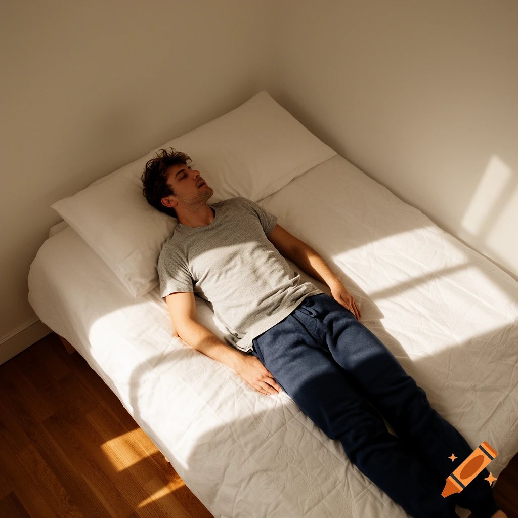 A man sleeps peacefully on a white bed, viewed from above, with sunlight casting geometric shadows across the sheets.