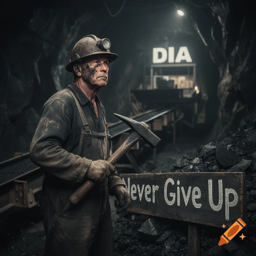 A photorealistic portrait of a dirty miner in a hard hat holding a hammer, standing in a dark mine with a "Never Give Up" sign.