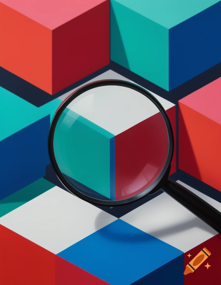 A magnifying glass over an abstract pattern of red, blue, and teal interlocking 3D cubes.