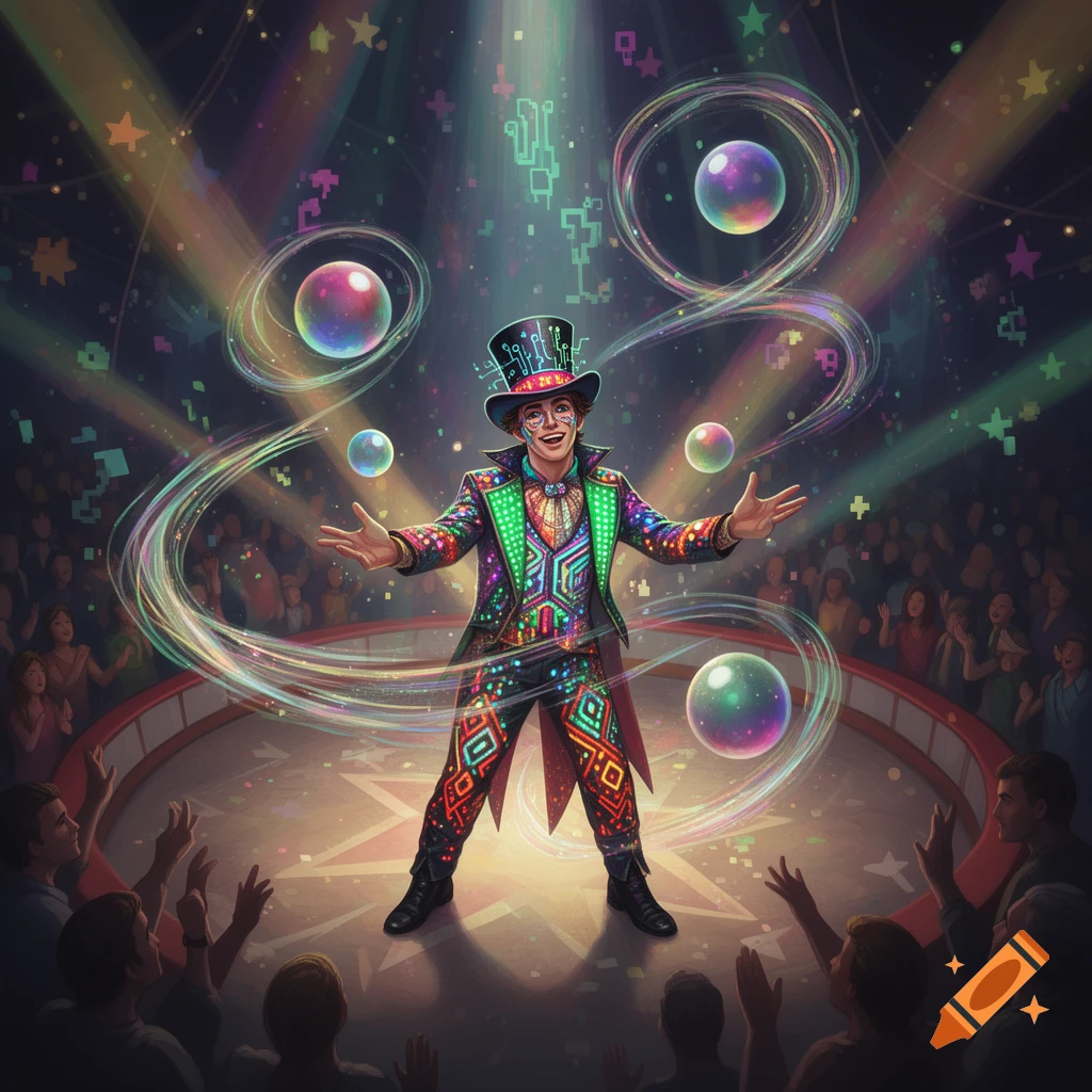 A colorful digital art depiction of a magician in a glowing, patterned suit, performing with lights and bubbles on a circus stage.