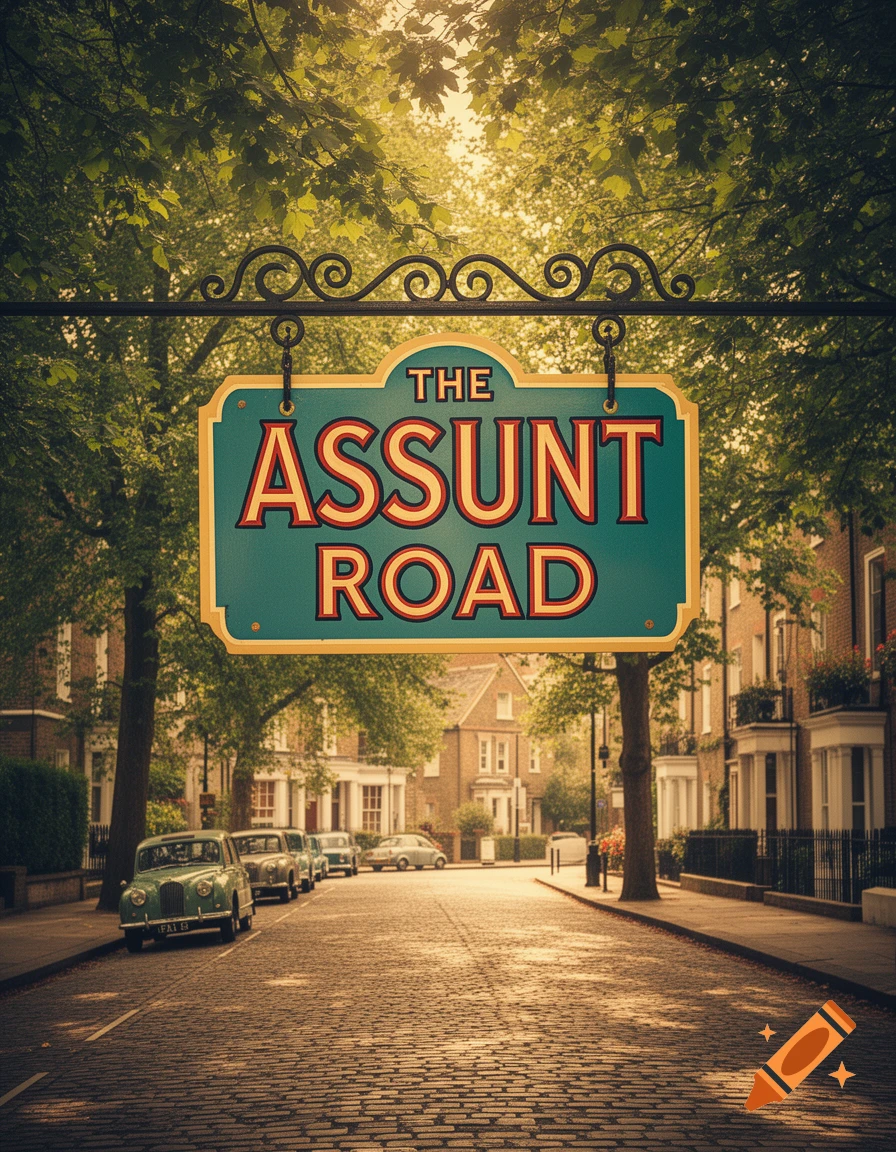 A vintage street sign reading 'THE ASSUNT ROAD' above a cobblestone street with classic cars and houses.
