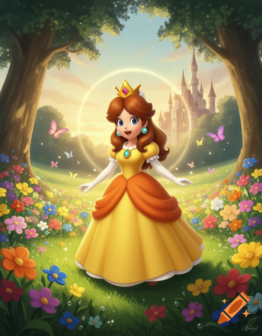 Princess Daisy in a bright yellow and orange dress stands in a vibrant flower field with a castle in the background, cartoon style.
