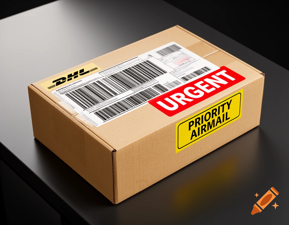 A realistic photo of a cardboard parcel with a DHL-style express shipping label, a red "URGENT" sticker, and a yellow "PRIORITY AIRMAIL" label, on a dark table.