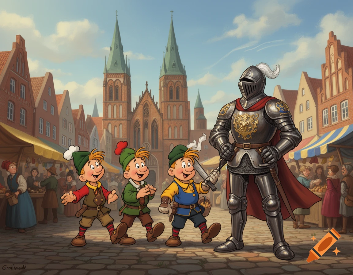 Three cartoon gnomes and a knight in shining armor walk through a bustling medieval town square with market stalls and historic buildings.