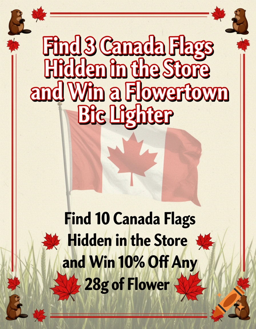 A promotional sign for a Canada Day special, featuring a Canadian flag, beavers, and maple leaves, with text about a scavenger hunt for flags and prizes.