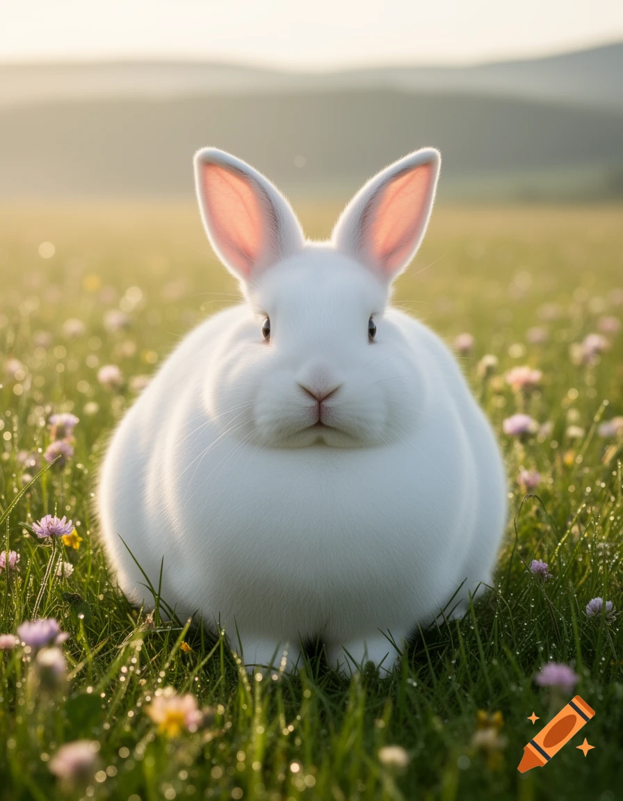 A fluffy white rabbit with pink ears sits in a sunlit green meadow filled with small purple and yellow flowers.