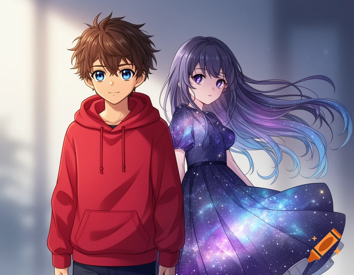 An anime boy in a red hoodie with blue eyes stands next to an anime girl in a galaxy-patterned dress with purple-to-blue hair and purple eyes.