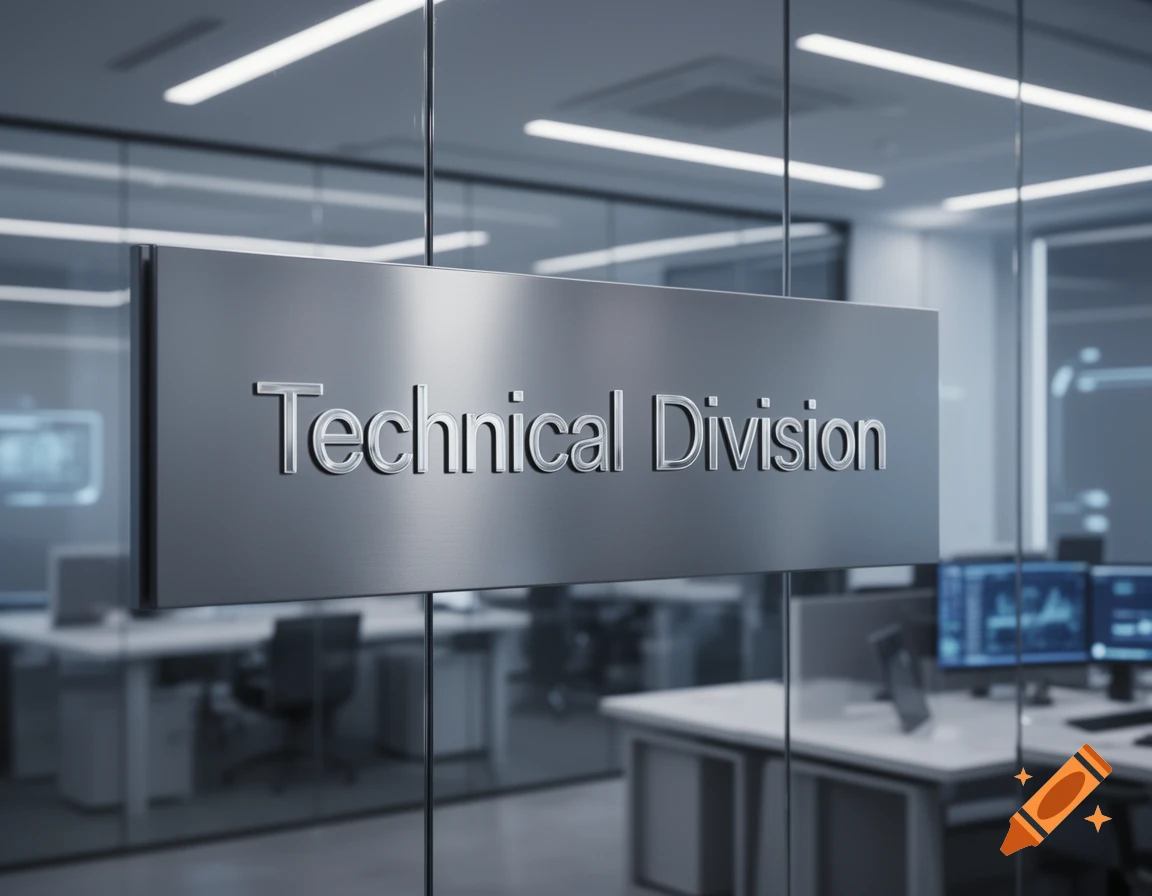 A brushed metal sign with 'Technical Division' in embossed text hangs in a modern office with glass walls and blurred workstations.