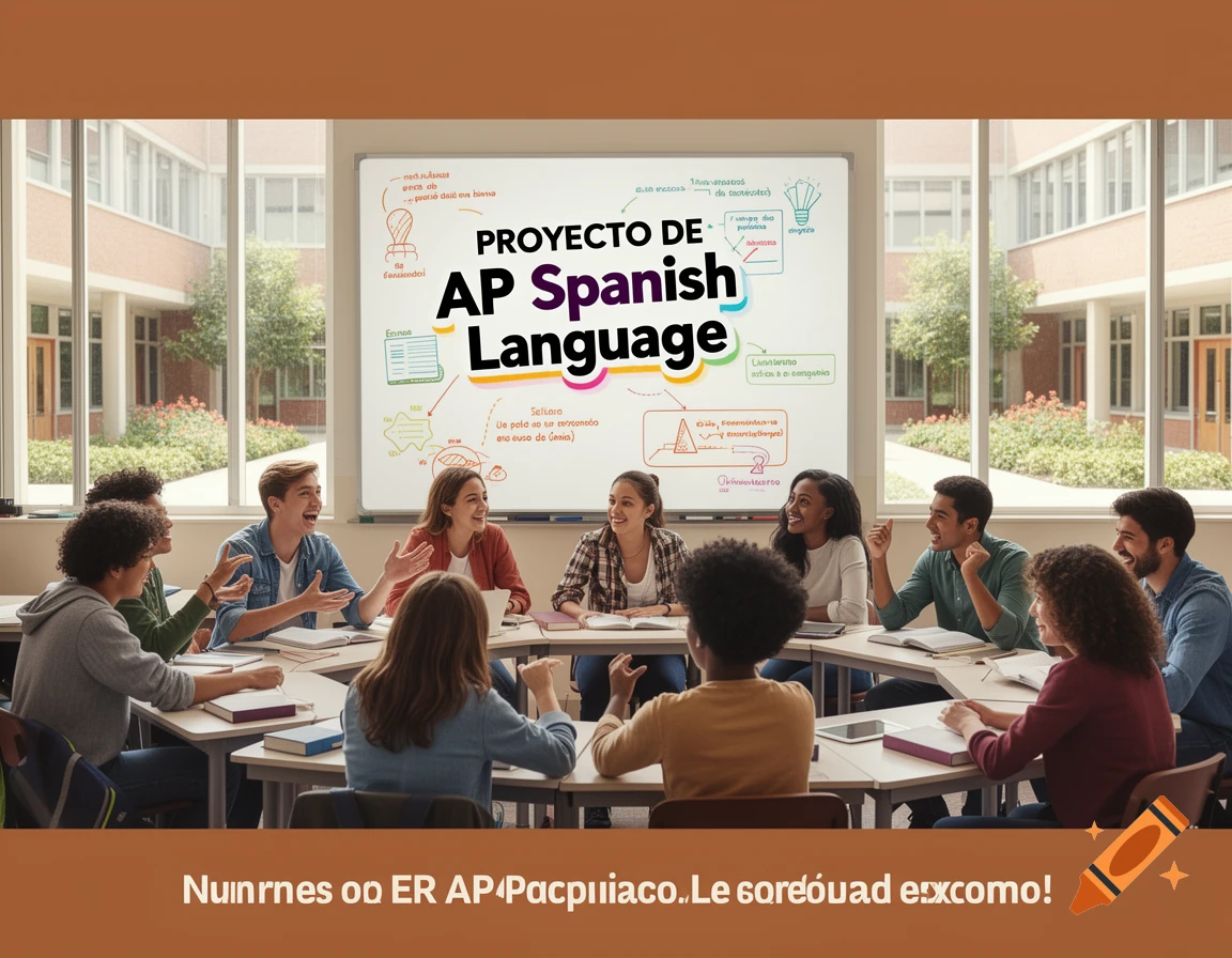 Diverse high school students laughing and talking around tables in a bright classroom, with a whiteboard displaying 'PROYECTO DE AP Spanish Language'.
