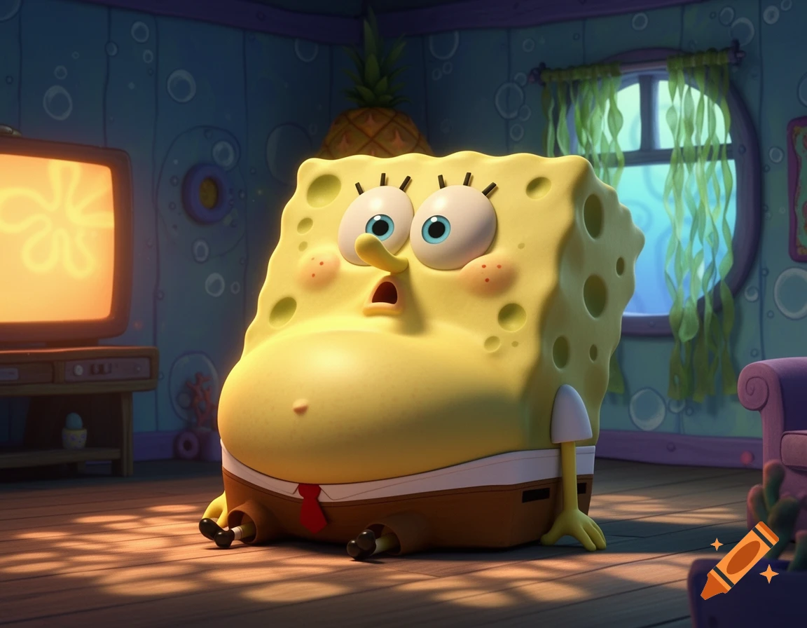 3D animated Spongebob Squarepants with a huge belly sits on a wooden floor, looking shocked at a TV screen in his cartoon home.