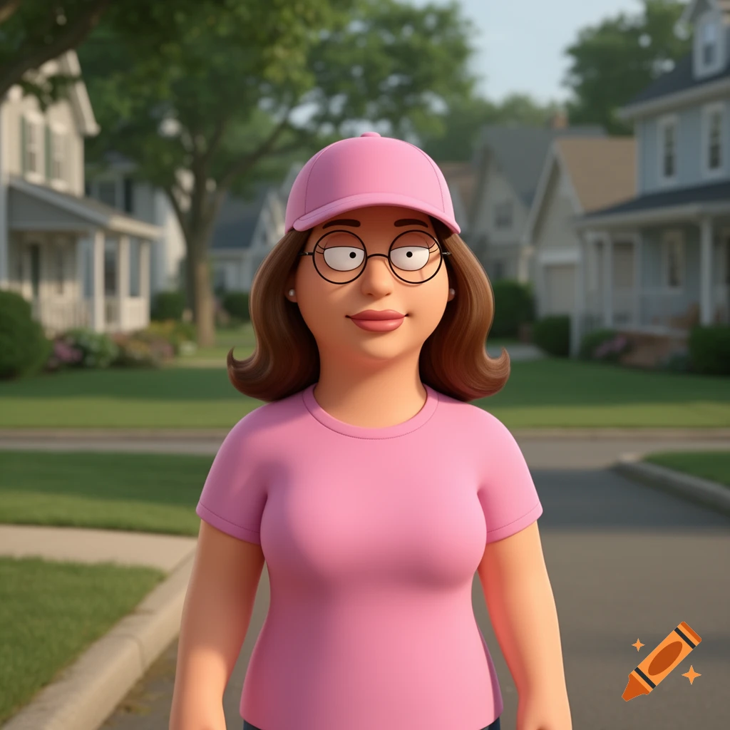 A 3D animated depiction of Meg Griffin in a pink shirt and hat, standing in a suburban neighborhood.