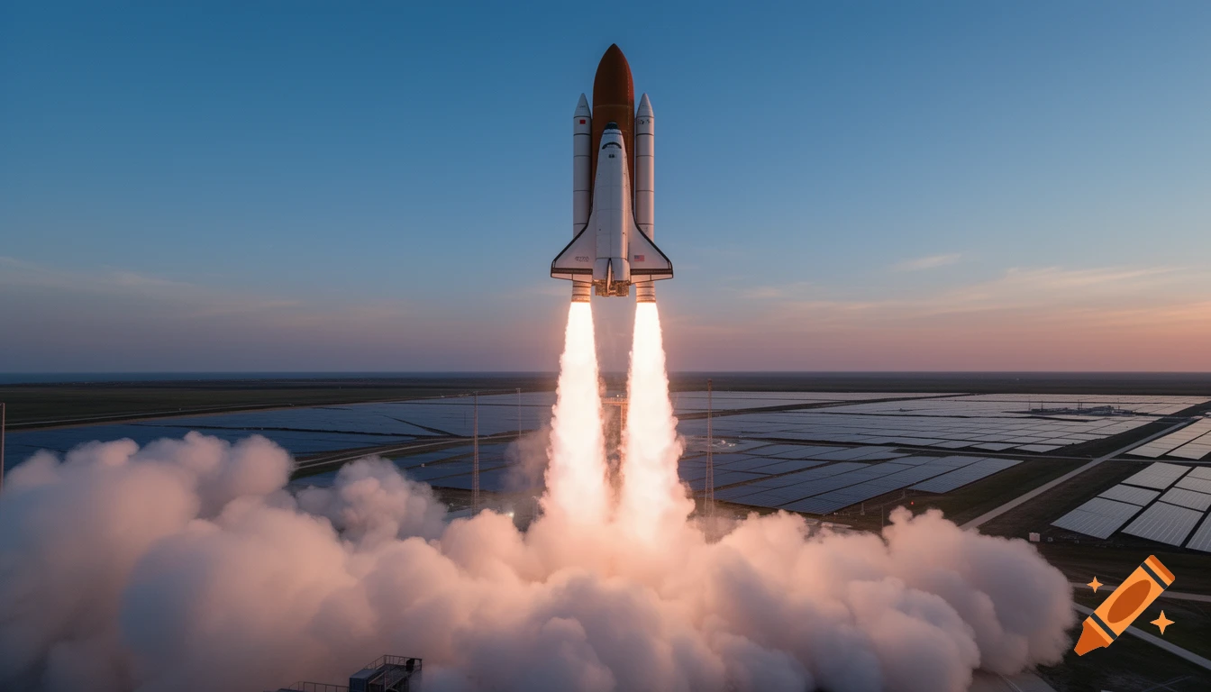 A space shuttle launches into a twilight sky, leaving a fiery exhaust plume above a vast solar panel farm.