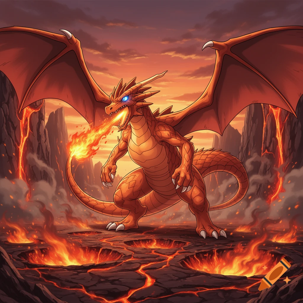 An orange, winged dragon with blue eyes breathes fire in a volcanic landscape with lava pools under a sunset sky.