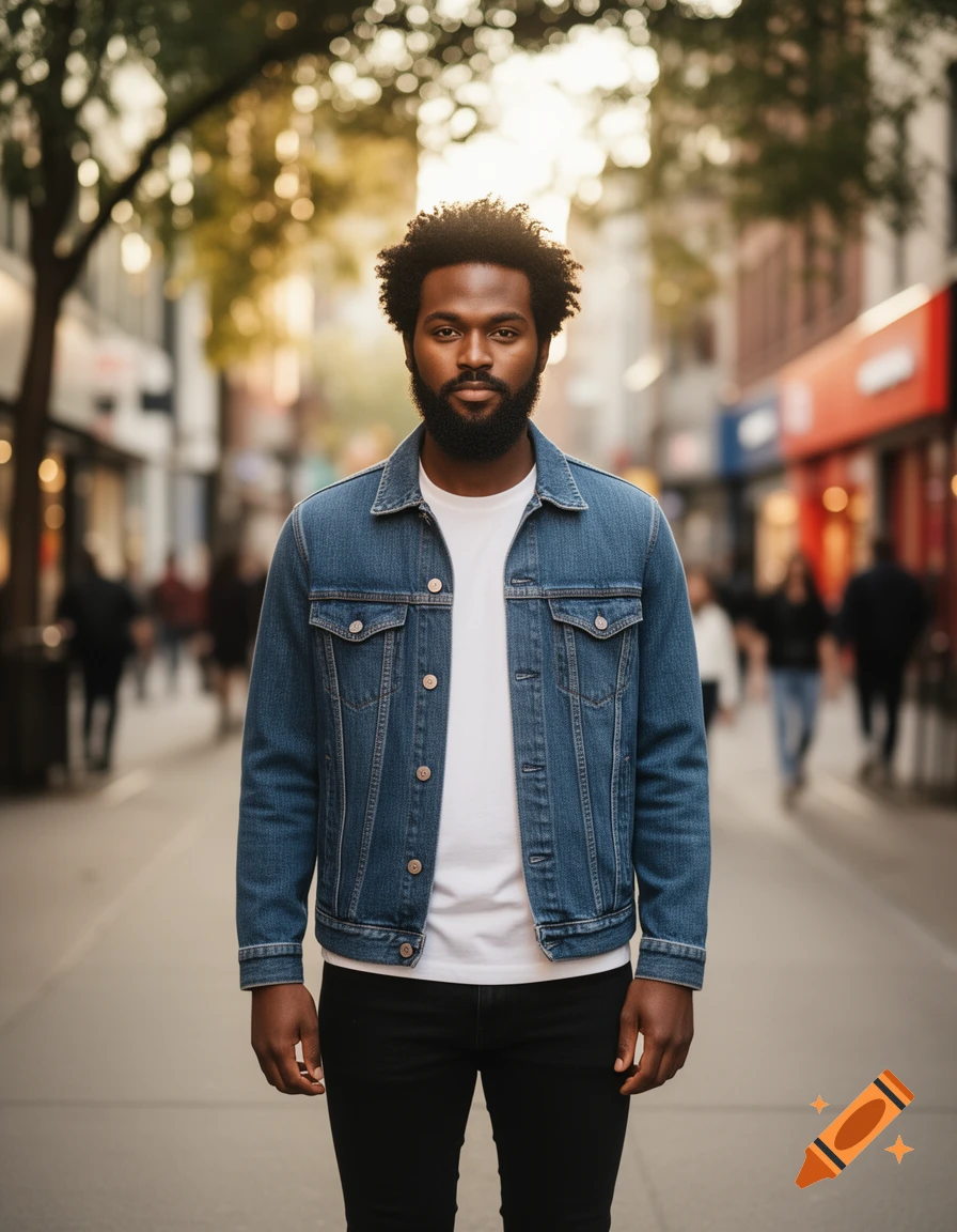 A Black man with a beard and curly hair stands in a denim jacket and white t-shirt on a city street, looking at the camera.