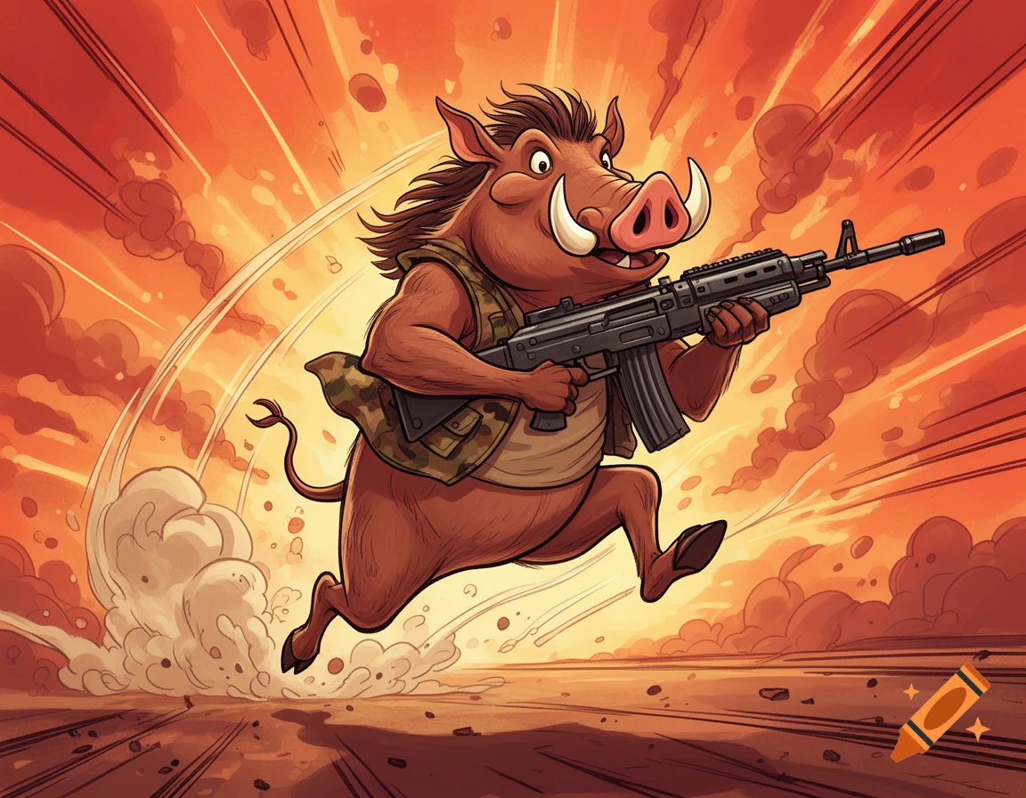 Cartoon warthog in a military vest runs with a machine gun, kicking up dust against an orange, exploding background.