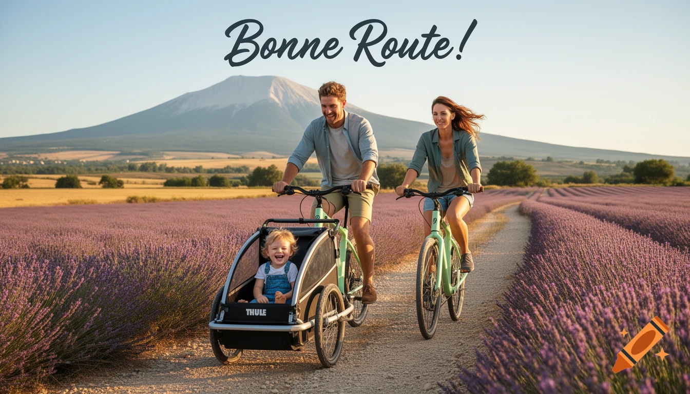 Parents cycle with their laughing toddler in a trailer through vibrant lavender fields on a sunny day, a mountain in the background. Text 'Bonne Route!' above.
