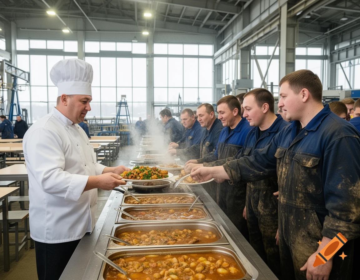 A chef serves food from a steaming buffet line to a queue of male factory workers in a large industrial canteen.